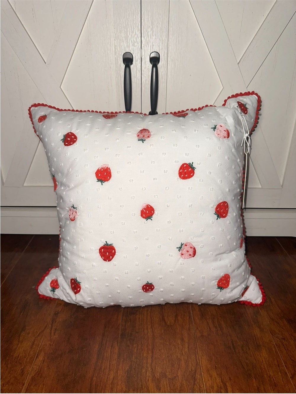 Strawberry Embroidered Throw Pillow with Red Trim
